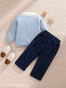 SHEIN Baby Boys Polo Collar Sweater Set, Fashion & Cute, Includes Comfortable & Practical Essentials For Infants, Suitable For Daily, Outdoor, Travel, Daycare, And School Occasions, Spring/Autumn/Winter - Blue - View 2