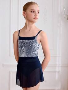 SHEIN 青少年女童紧身衣和芭蕾舞裙套装，修身连体衣，配有可调节天鹅绒和网眼飘逸优雅芭蕾舞裙 - 彩色 - 查看 5