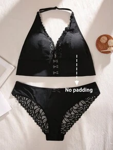 SHEIN 2 piezas Conjunto de lencería con cierre delantero de encaje para tallas grandes