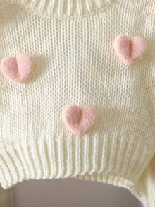 SHEIN Playful Pals 少女可爱3D心形白色毛衣圆领灯笼袖针织套头衫 - 米色 - 查看 5