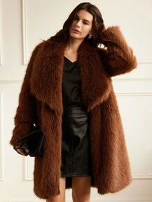 Aveloria Rosie Luxurious & Elegant Light Brown Lapel Mid-Length Faux Fur Coat, Exuding Sophisticated & Casual Vibe, Suitable For Formal Events And Casual Outings