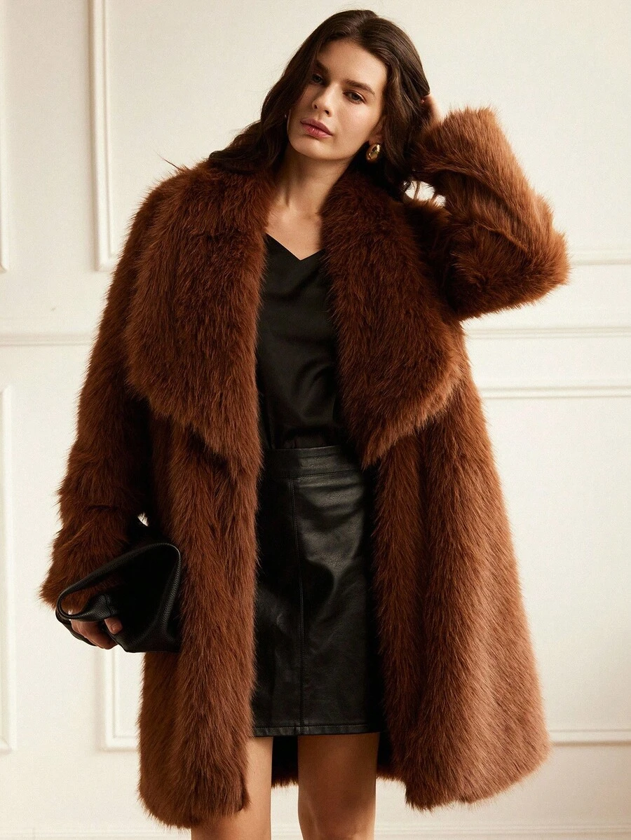 Aveloria Rosie Luxurious & Elegant Light Brown Lapel Mid-Length Faux Fur Coat, Exuding Sophisticated & Casual Vibe, Suitable For Formal Events And Casual Outings