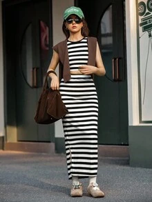 Teen Girl Striped Round Neck Top And Skirt Two-Piece Set - Black and White - View 6