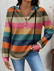 SHEIN LUNE New Women Color Block Striped Knit Sweatshirt, Suitable For Autumn/Winter Hoodie,Casual - Multicolor - View 5