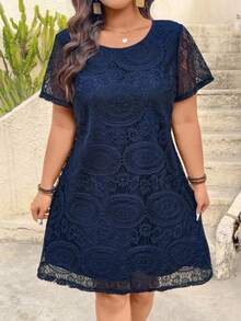 EMERY ROSE Women's Lace Hollow-Out Fabric Open Back Casual Vacation Mini Dress, Summer - Navy Blue - View 4