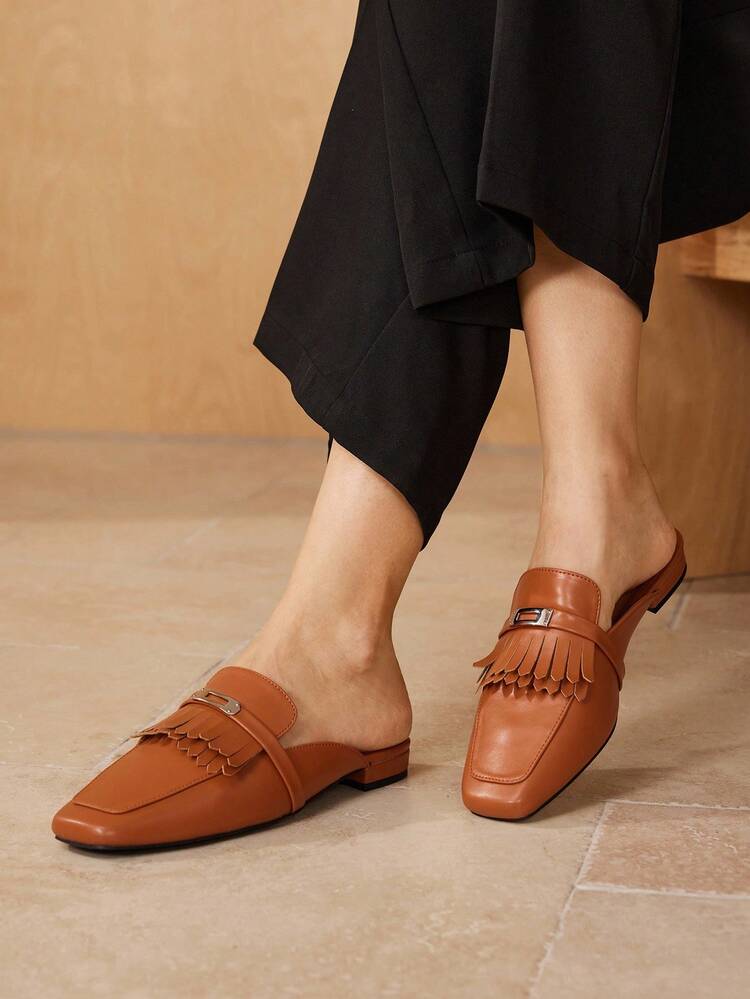 WOMEN'S MULE SLIP-ON POINTED TOE FRINGE FLAT SANDALS