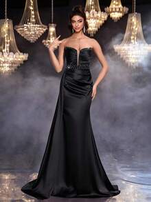 Glamrae 优雅、浪漫、性感、简约的黑色缎面亮片拼布亮片装饰露肩深 V 领褶饰紧身鱼尾礼服，侧开衩拖尾，时尚、网红、节日、生日派对、婚礼、正式晚会 - 黑色 - 查看 6