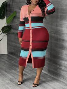 秋冬大码女式优雅条纹紧身针织开衫毛衣裙 - 彩色 - 查看 4