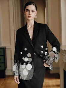 Anewsta Áo khoác Blazer đính cườm và sequin thủ công thanh lịch, phù hợp cho việc đi lại hàng ngày, mùa xuân/thu - màu đen - Xem 4