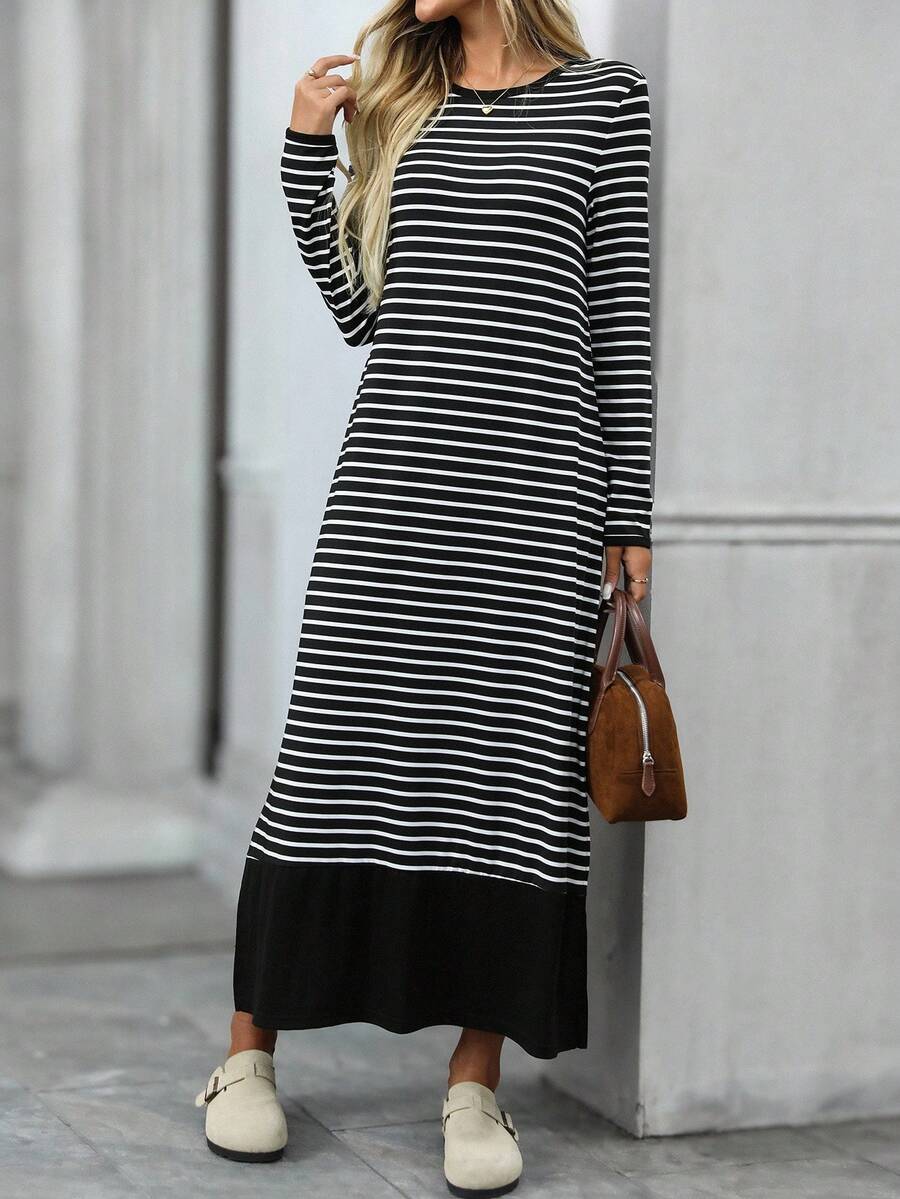 EMERY ROSE 条纹拼布长袖宽松连衣裙 - 彩色 - 查看 1