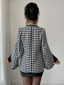 Elenzga Áo khoác len cổ ve lật họa tiết răng sói thanh lịch dành cho nữ - Đen và trắng - Xem 3