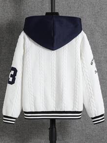 SHEIN 青少年男童休闲纹理面料，酷炫字母和数字刺绣图案拉链长袖厚针织夹克，适合学校、返校季、秋冬季 - 白色 - 查看 2