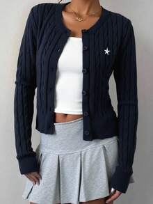 Teen Girls Royal Blue Casual Solid Color Round Neck Long Sleeve Loose Cropped Cardigan Sweater, Warm Comfort, Cozy Chic, Daily Commute,Suitable For Autumn And Winter Blue Sweater Navy Blue Sweater Cable Knit Cardigan Star Cardigan Navy Blue Cardigan Blue Cardigan Sweater Women Navy Cardigan Navy Blue Button Cardigan Sweaters For Teen Girl Sweater Cardigan Fall