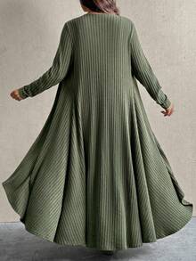 SHEIN Bộ váy maxi cổ chữ V ôm sát thanh lịch dành cho nữ và áo khoác cardigan dệt kim, cỡ lớn, Thu/Đông - màu xanh lá - Xem 2