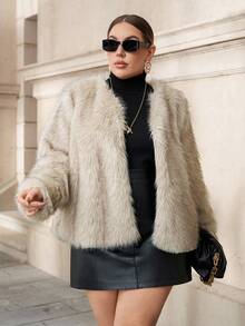 Chikora 加大码女式秋季长袖前开宽松人造皮草夹克人造皮草大衣皮草上衣女式人造皮草夹克女式人造皮草大衣人造皮草上衣毛茸茸皮草夹克 - 杏色 - 查看 8
