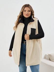 SHEIN CURVE+ Áo khoác cổ cao có túi khóa kéo cỡ lớn dành cho nữ, thích hợp cho mùa đông, mùa thu/mùa thu/mùa đông, áo vest phao - màu đen - Xem 9