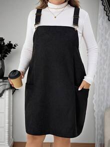 SHEIN CURVE+ Plus Size Women Black Corduroy Dress With Pockets And Adjustable Straps, Suitable For Halloween/Autumn /Winter