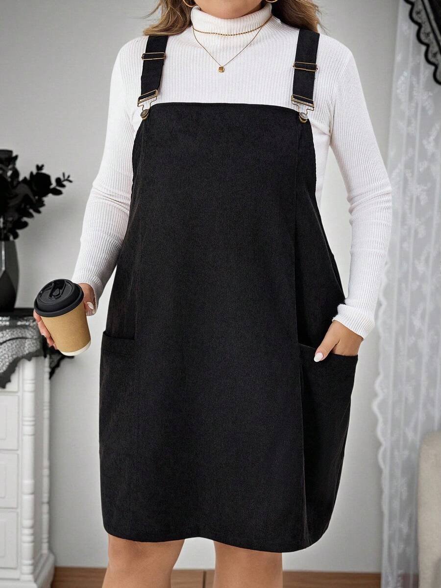 SHEIN CURVE+ Plus Size Women Black Corduroy Dress With Pockets And Adjustable Straps, Suitable For Halloween/Autumn /Winter