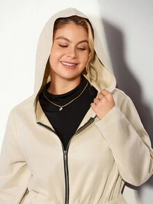 Momelise Neue Damen Jacke in Große Größen für Herbst/Winter, lässig mit Kapuze, Kordelzug, knielang in Beige, mit Taschen und Reißverschluss, tailliert, minimalistisch & vielseitig - Aprikosenfarben - Übersicht 8