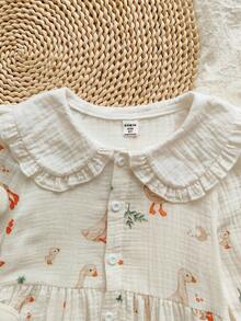 Vintaside Kids 女童荷叶边领纯棉连衣裙 女童鸭子印花宽松休闲连衣裙 女童卡通公主裙