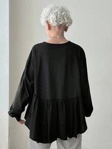 FRIFUL Áo thun nữ tay dài cổ tròn trễ vai màu đen trơn xếp ly dáng rộng thoải mái, phù hợp cho các buổi đi chơi, mùa thu - màu đen - Xem 3