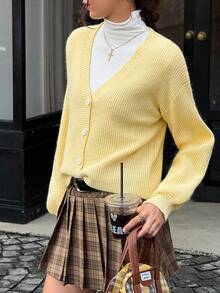 Jouncy 女式纯色V领前扣休闲百搭长袖开衫 - 黃色 - 查看 4