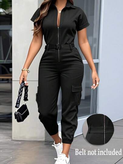 Xyvia Women's Casual Shirt Collar Short Sleeve Decorated Pocket Cargo Pants With Drawstring Hem And Zipper, Solid Color Jumpsuit, Spring/Summer