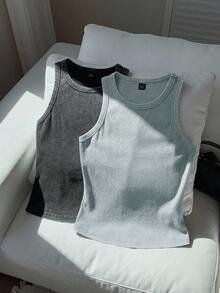 Comfortcana Bộ 2 áo hai dây dệt kim nhuộm loang - Xám - Xem 8