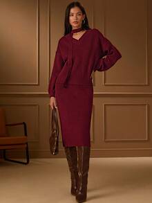 Lilora Damen Einfarbiger Pullover, Drop-Shoulder Langarm und gestrickter Mini-Rock Lässig 2-teiliges Set, Herbst - Bordeaux - Übersicht 2