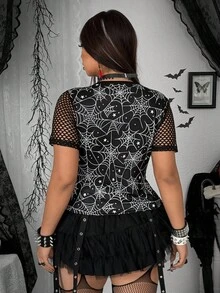 Whyspr Grunge Punk Plus Size Spider Web Mesh Patchwork Zip-Up T-Shirt, Dark Style - Multicolor - View 2