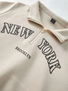 SHEIN 2 件套女士套装，新款秋冬，杏色立领拉链连帽衫，配套罗纹袖口长袖运动裤，MEW YORK REOOKLYN 字母印花，舒适休闲，母女搭配