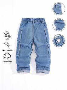 Toddler Boys' Washed Blue Non-Stretch Loose Straight Leg Cargo Pants, Multi-Functional Accordion Pockets, Pleated Workwear Style, Street Fashion, Casual, Vacation, Lightweight, Spring/Autumn Fall Winter - Medium Wash - View 2
