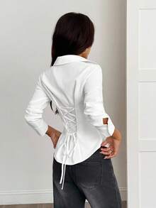 SHEIN PETITE 1pc Women's Solid Color Button Front Long Sleeve Casual Blouse ,White Shirt