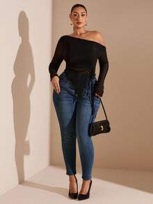 SHEIN BAE 女性加大碼高腰修身牛仔褲 - 藍色 - 查看 9