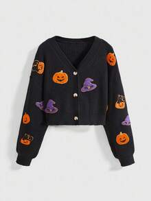 ROMWE Gothic Pumpkin & Witch Graphic Knitted Cardigan - Black - View 1