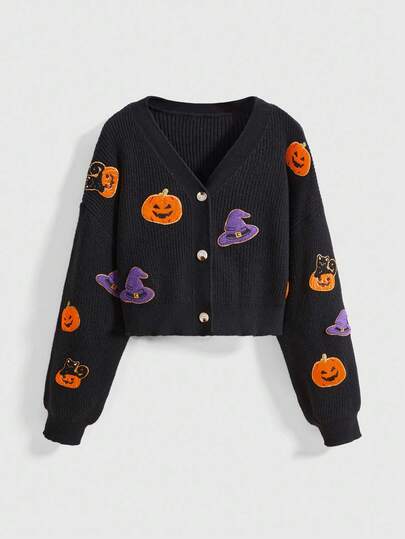 Goth Cardigan lavorato a maglia con grafica gotica di zucca e strega