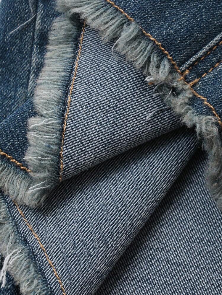 Dazy Plus Vintage Washed Blue Distressed Elastic Fitted Flared Jeans With Bow Applique Hem