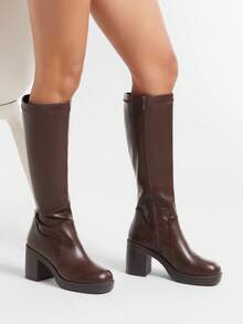 Solezae Giày bốt cao gót đế xuồng có khóa kéo thoải mái cho nữ, cao đến giữa bắp chân - màu nâu - Xem 5