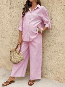 SHEIN 秋装，秋季服装，孕妇装秋冬装条纹袖口衬衫和可调节腰部阔腿裤宽松孕妇两件套孕妇装两件套装棉质两件套夏季裤子套装两件亚麻套装女士阔腿裤套装 - 紅白色 - 查看 8