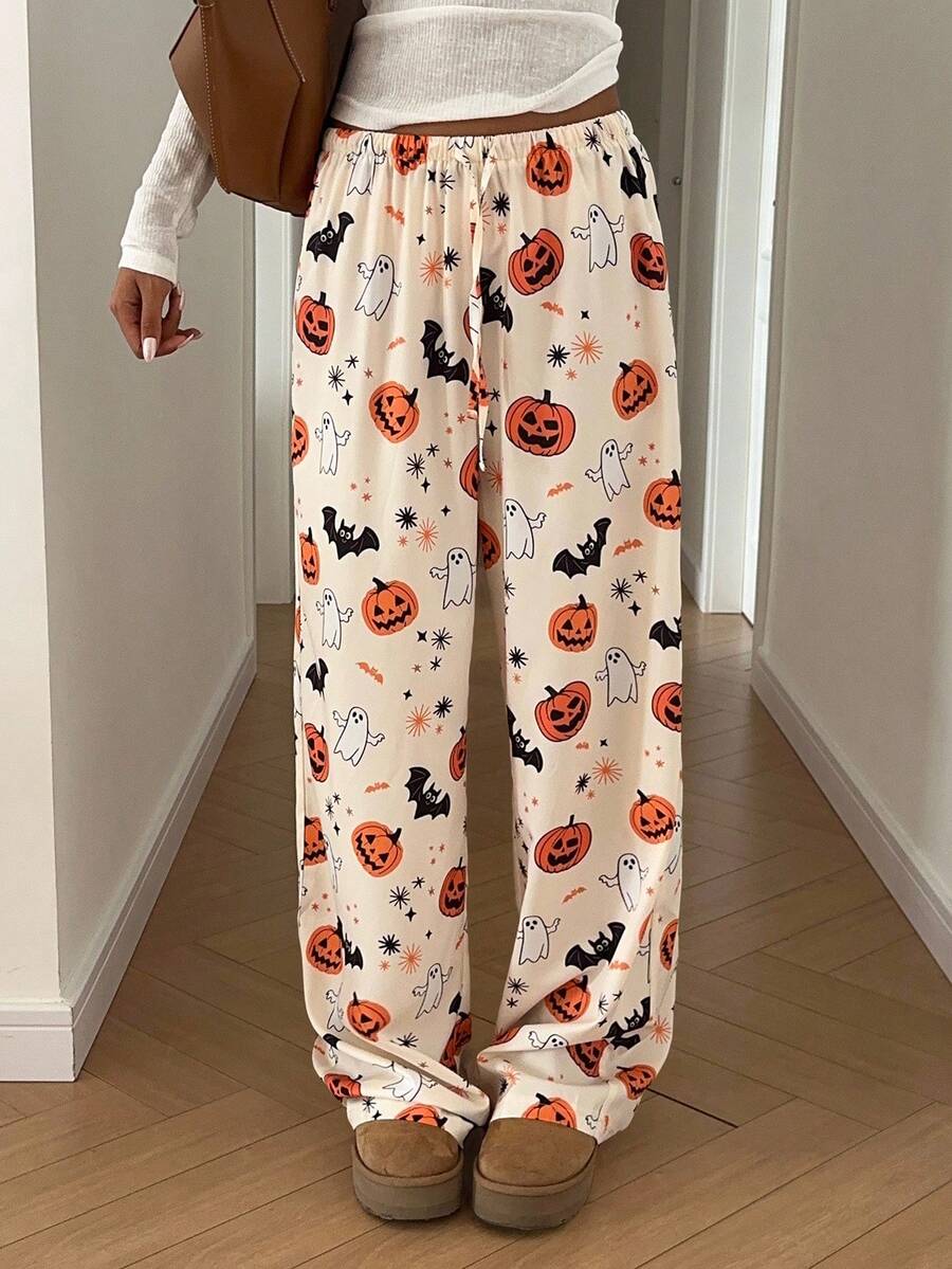 Aloruh 万圣节低腰系带阔腿南瓜蝙蝠印花女裤 - 彩色 - 查看 1
