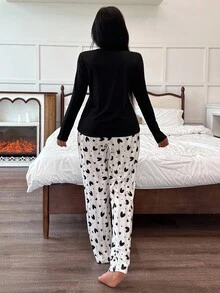 Heart Print Casual Crew Neck Long Sleeve Top & Long Pants Women Pajama Set, Fall Winter Clothes Heart Print Pajama Set Comfy Pajama Set - Black - View 2