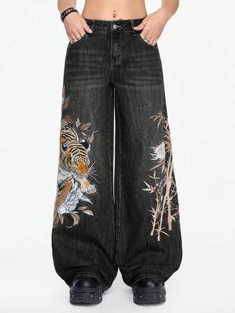 Grunge Punk Unisex Vintage Street-Style Chinese Tiger & Floral Embroidery Loose Wide-Leg Jeans