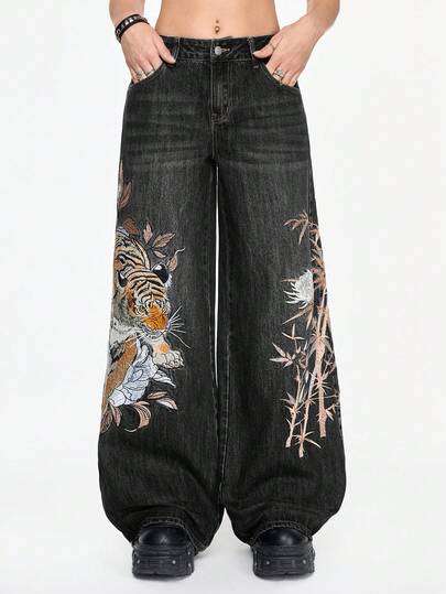 ROMWE Grunge Punk Jeans unisexes vintage style de rue, avec broderie chinoise de tigre et de fleurs, coupe ample et jambes larges, taille basse