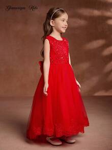 Glamorique Kids 四季女童演出派对礼服，大红色薄纱泡泡裙，无袖蕾丝边宴会礼服，后背蝴蝶结装饰优雅公主礼服 - 紅色 - 查看 7