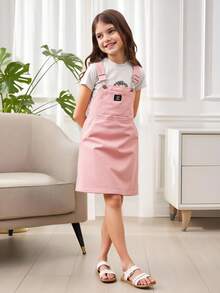 SHEIN Tween Girl Letter Patched Detail Overall Dress Without Tee - Pink - View 9