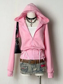 EgrlEra Women Fall Long Sleeve Lace Patchwork Bow Zipper Hoodie,Long Sleeve Tops Pullover - Pink - View 1