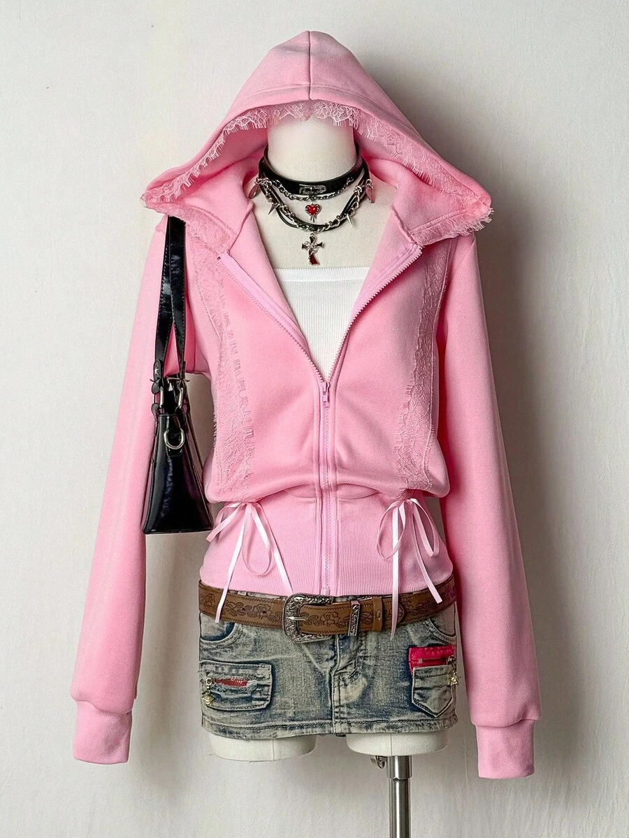 EgrlEra Women Fall Long Sleeve Lace Patchwork Bow Zipper Hoodie,Long Sleeve Tops Pullover - Pink - View 1