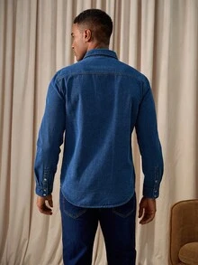 RivetRise Herrlångärmad, avslappnad gatustil, ficklock, blå denimskjorta, tvättad blå topp för pojkvän och make, höst - Mediumtvätt - Visa 2