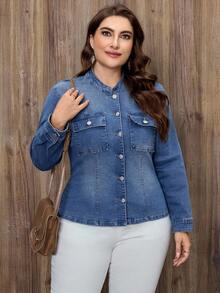 EMERY ROSE Plus Size Women's Casual Single-Breasted Denim Jacket, Autumn - Light Wash - View 2