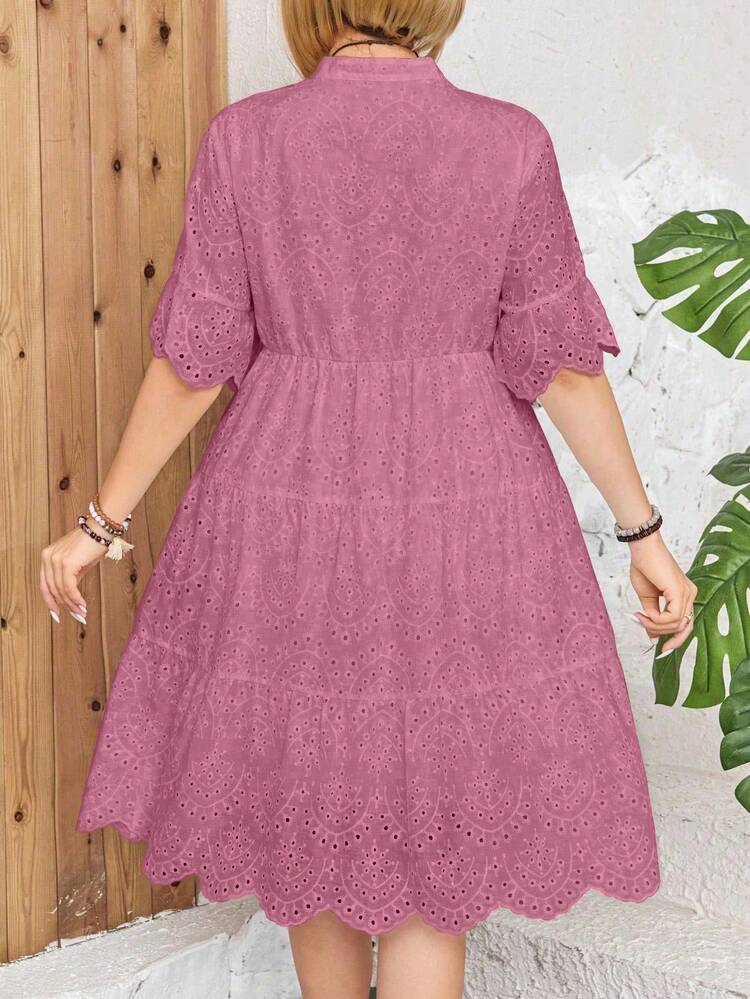 Breezaya Vestido casual de manga corta con cuello en V hueco y bordado para mujeres de talla grande - Rosa - Añade 2